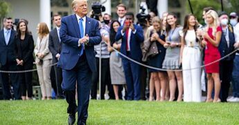 President Donald J. Trump walks across the South Lawn of the White House Thursday, Sept. 24, 2020, to board Marine One en route to Joint Base Andrews, Maryland, to begin his trip to North Carolina and Florida. (Official White House photo by Tia Dufour)