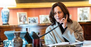 Vice President Kamala Harris talks on the phone with French President Emmanuel Macron Monday, Feb. 15, 2021, at the Blair House in Washington, D.C. (Official White House photo by Lawrence Jackson)