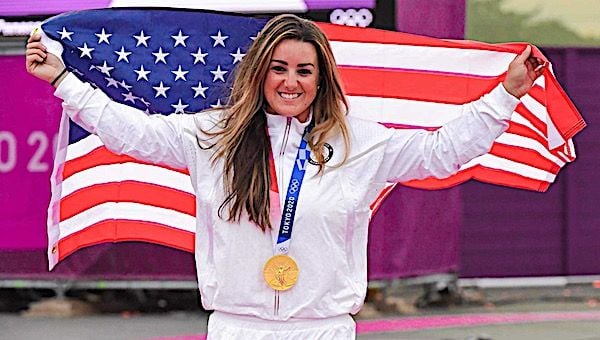 1st Lt. Amber English of Colorado Springs, Colorado, set an Olympic record in women's skeet shooting to win a gold medal at the Olympics in Tokyo on July 26, 2021. (U.S. Army photo)