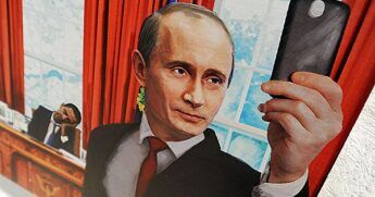 Vladimir Putin depicted in artwork taking a selfie with Barack Obama dozing in the background inside the Oval Office.